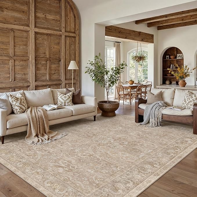 PureCozy Brown 8x10 Area Rug Washable Living Room Vintage Carpet Bedroom Large Indoor Non Slip Soft Low Pile Thin Stain Resistant Distressed Accent Throw Rug for Dining Office Nursery