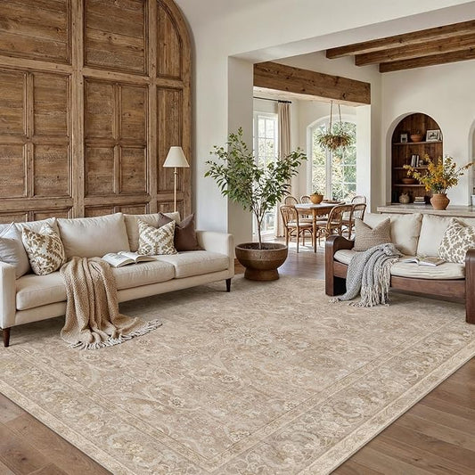 PureCozy Brown 6x9 Area Rug Washable Vintage Living Room Carpet Bedroom Large Indoor Non Slip Soft Low Pile Thin Stain Resistant Distressed Accent Throw Rug for Dining Office Nursery