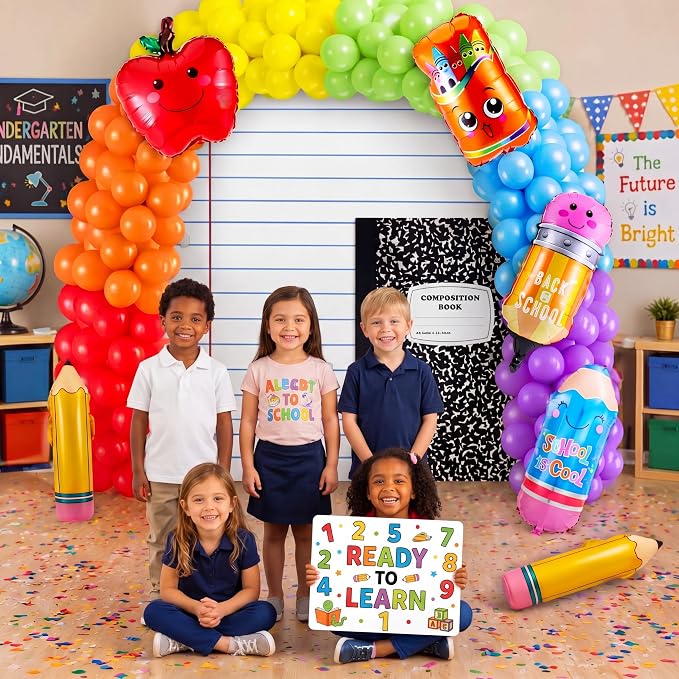Hahafelt 158 Pcs Back to School Party Decorations Rainbow Balloon Garland Arch Kit with Composition Notebook Backdrop Giant Apple Crayon Pencil Balloon for First Day of School Classroom Party Supplies