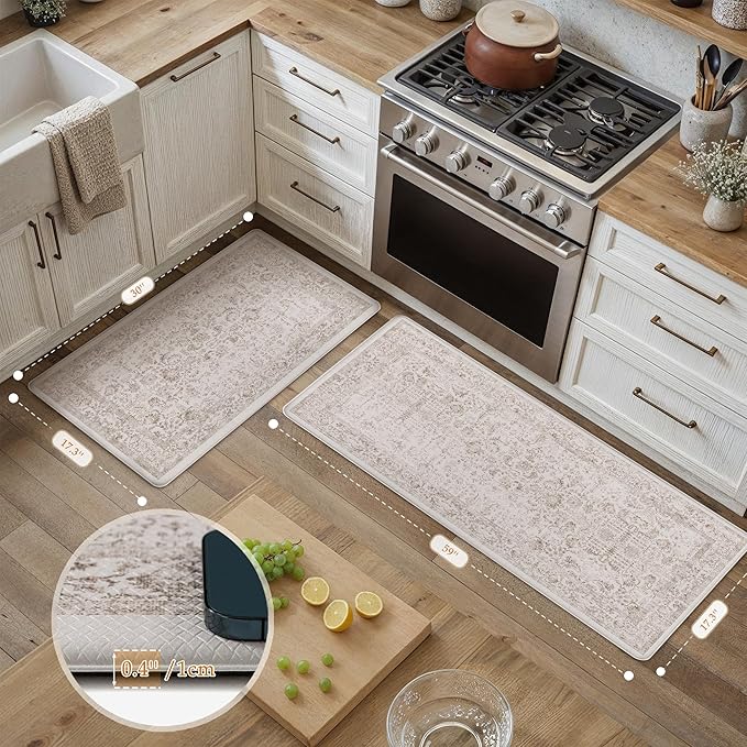 Kitchen Mats 2PCS Anti Fatigue Cushioned Mat Light Brown Vintage Kitchen Mats for Floor Waterproof Non Slip Comfort Standing Retro Floral Rug for Sink Laundry Office 17.3"x59"+17.3"x30"