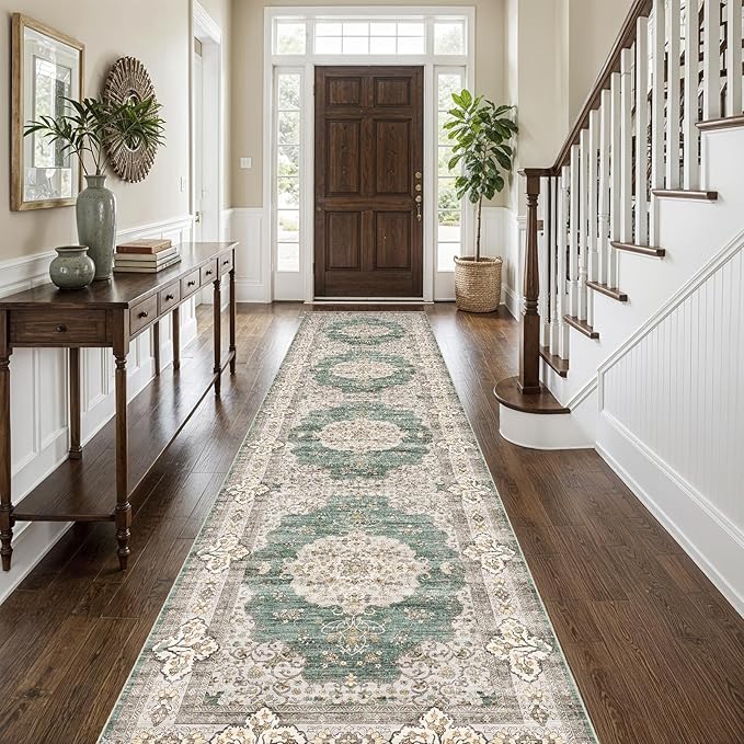 3x12 Washable Hallway Runner Rug:Oriental Indoor Kitchen Rugs Vintage Door Mat Non Slip with Rubber Backing Low Pile Thin Carpet for Bedroom Bathroom Living Room Bedside (3x12 Green/Beige)