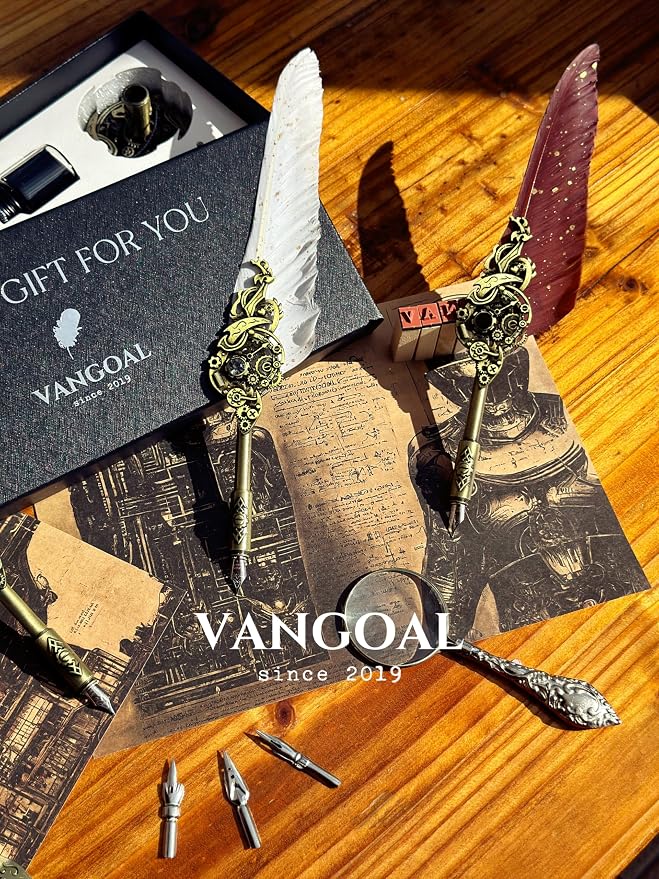 VANGOAL Steampunk Feather Pen and Ink Set with Gift Box, Vintage Quill Pen for Writing, Calligraphy Pen Set for Office Supplies, Birthday, Wedding, Christmas Gift (Coffee)