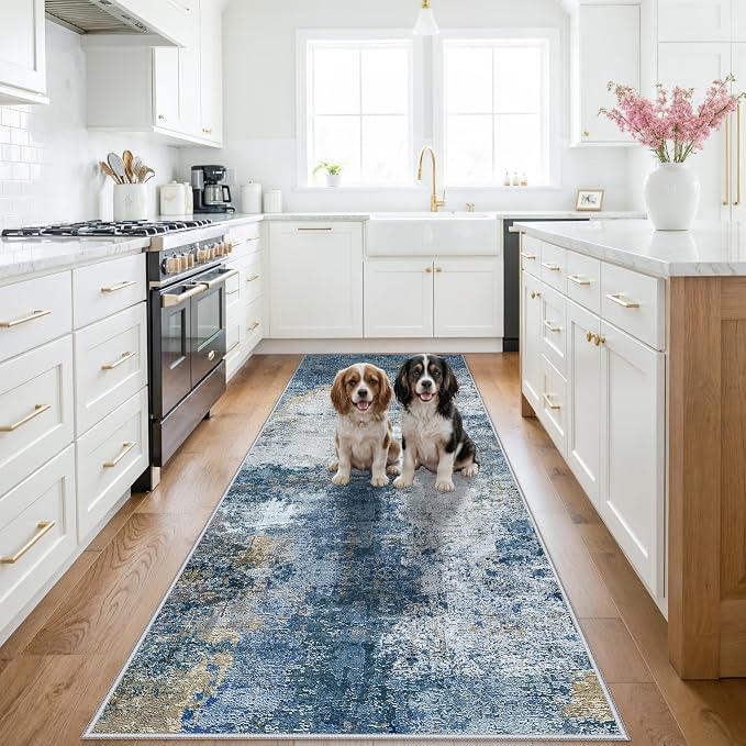 RUUGME 3x10 Runner Rug for Hallway: Non-Slip Washable Kitchen Runner Coastal Wide Throw Carpet for Bedroom Entryway Bathroom - Soft Low Pile Thin Long Floor Mat for Modern Home Decor (3X10 Blue-W)