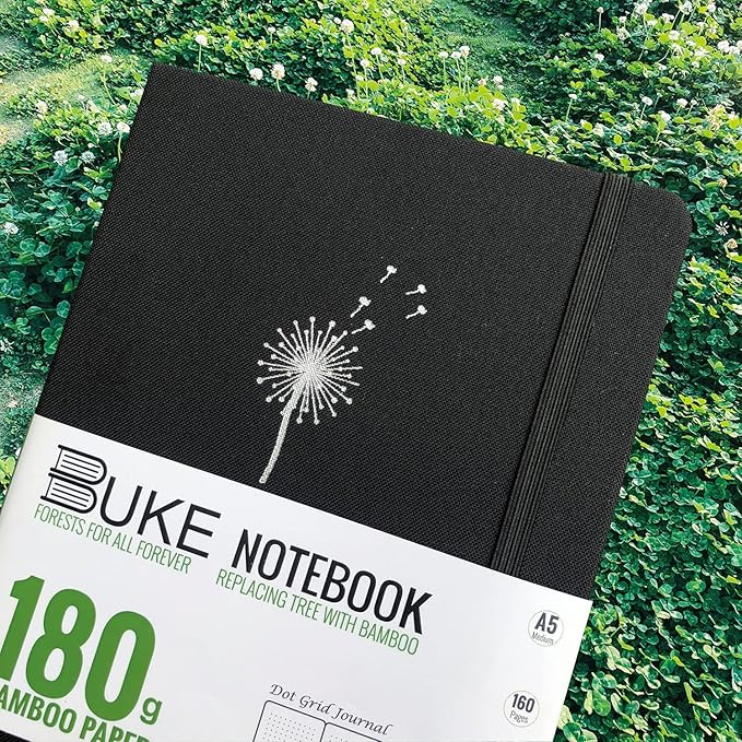 BUKE Dot Grid Notebook Dotted Journal,180Gsm Bamboo White Paper, 5 * 5MM Dots 160 Pages, Lay Flat Binding,Colored Silver Edges, Bookmarks and Expandable Back Pocket Dandelion