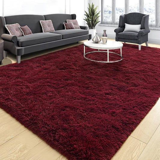 Tepook Fluffy Burgundy Rugs for Living Room, 4x6 Dark Red Area Rug for Bedroom, Soft Shaggy Plush Floor Carpet for Kids Girls Boys Room, Indoor Non Slip and Washable Carpets for Nursery Home Decor
