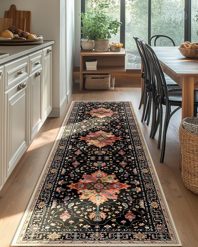 RELEANY Area Rugs Runner 2'x8' Washable Non-Slip, Floral Vintage Distress Medallion Carpet for Kitchen Hallway Bedroom Beside Laundry Room Bathroom, Black Colorful Floral Dark Tan