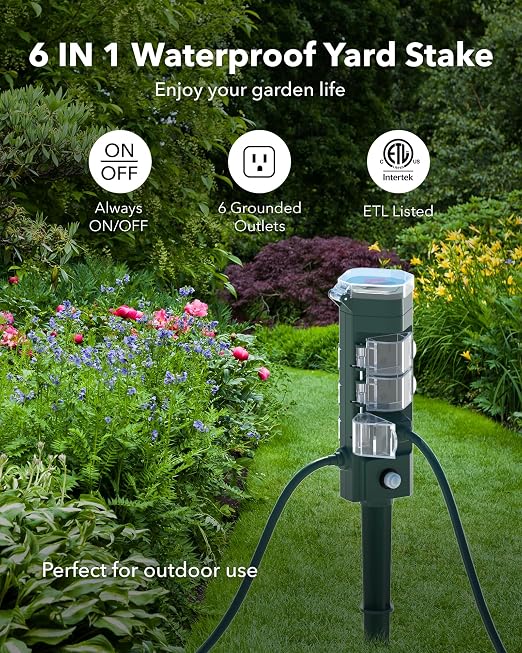 HBN Outdoor Power Strip Timer with Photocell Remote Control,Yard Stake Countdown (2,4,6,8 Hour),Weatherproof Outside Timer Dusk to Dawn for Halloween/Christmas Lights,6 Outlets,6ft Cord