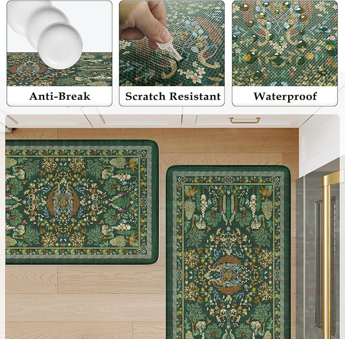 KIMODE Kitchen Mats Cushioned Anti Fatigue 17"x47"+17"x29", Farmhouse Kitchen Mats for Floor 2 Piece, Dark Green Padded Kitchen Floor Mats Non Slip, Standing Mat for Laundry Office Sink Desk
