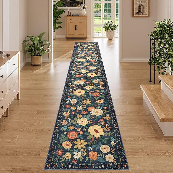 DUKINO 2x12 Washable Runner Rug, Ultra Soft Floral Runner Rug for Hallway, Boho Non Slip & Non Shedding Indoor Entryway Carpet for Kitchen, Laundry Room, Bathroom, Bedroom, Entrance, Navy Blue