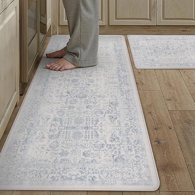 Kitchen Mats 2PCS Anti Fatigue Cushioned Mat Light Blue Vintage Kitchen Mats for Floor Waterproof Non Slip Comfort Standing Retro Floral Rug for Sink Laundry Office 17.3"x47"+17.3"x30"