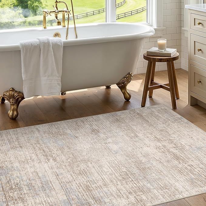 3x4 Washable Area Rug for Entryway: Modern Abstract Stain Resistant Small Rug with Non Slip Rubber Backing Durable Doormat Low Pile Thin Floor Carpet for Kitchen Bathroom (Ivory Beige Distressed,3x4)