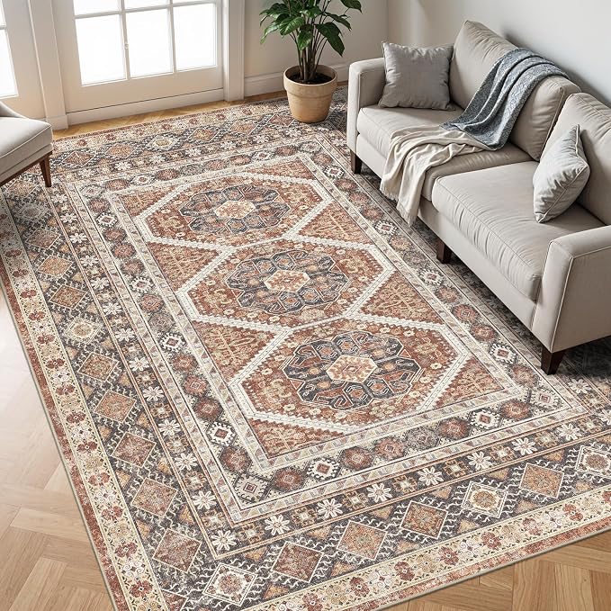 10x12 Area Rug for Living Room: Vintage Oriental Washable Rug for Bedroom Dining Room with Non Slip Rubber Backing Stain Resistant Low Pile Large Carpet Home Office (Brick, 10x12)