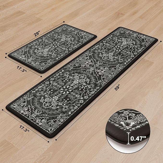 KIMODE Anti Fatigue Kitchen Mat Cushioned, Boho Kitchen Rugs Sets of 2 | Non Slip Memory Foam Kitchen Mat for Floor, Distressed Standing Desk Mat for Laundry Office Sink 17.3"x29"+17.3"x59" Black