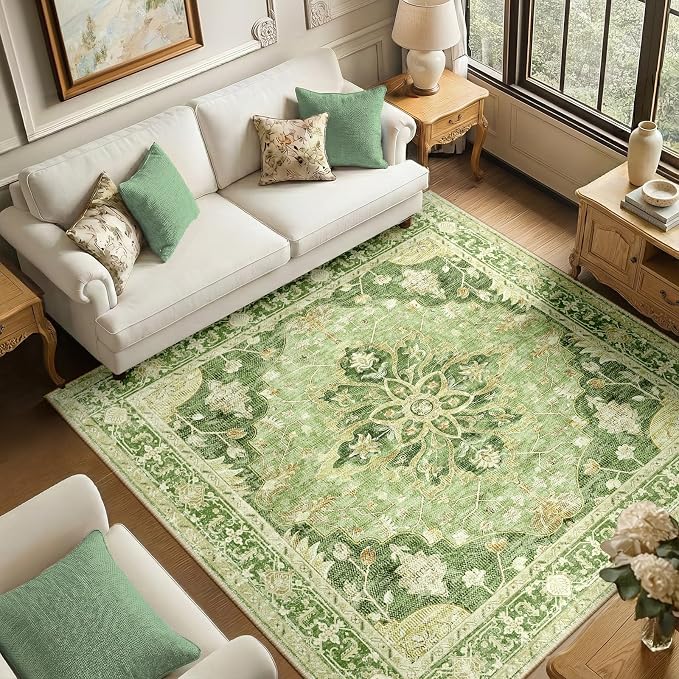 RELEANY Area Rugs Square 6ft Washable Non-Slip, Floral Vintage Distress Medallion Carpet for Living Room Bedroom Dining Room, Sage Green Yellow