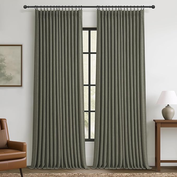 Extra Long Double Layer Linen Blackout Bedroom Window Curtains 105 Inches Long 2 Panels Set, Farmhouse Memory Trained Pinch Pleated Greenish Grey Sound Dampening Large Living Room Curtain 40W x 105L