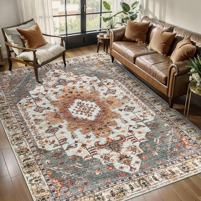 Tangsoo 4x6 Area Rugs for Living Room, Washable Vintage Rug Indoor, Distressed Turmeric Carpet for Bedroom, Non Slip Soft Low Pile Rugs Foldable Floor Rug for Dining Room Dorm Bedside Bathroom