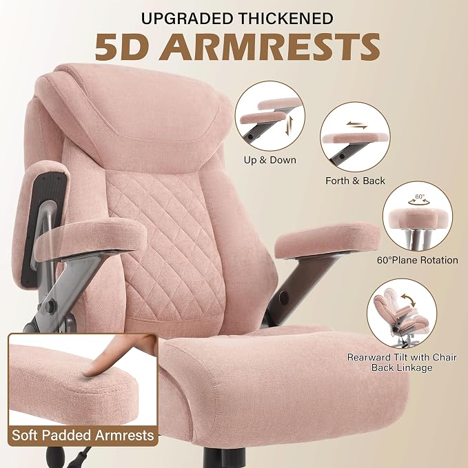 Fabric 700lbs Big and Tall Office Chair, Ergonomic Heavy Duty Executive Cloth Office Chair with 5D Flip Arms & Adjustable Lumbar Support & Dual Rubber Wheel, Large Thick Padded Extra Wide Seat, Pink