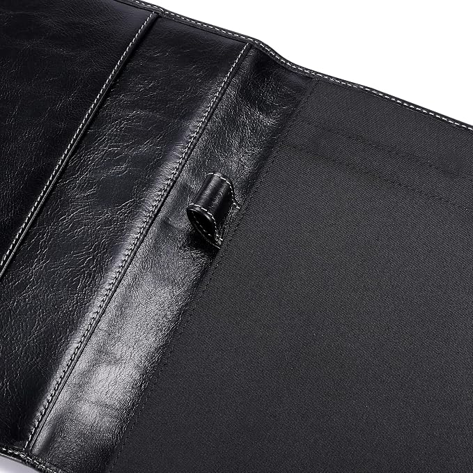 HISCOW Slim Leather Junior Padfolio, 5x8 Notepad Cover, Antiqued Black | Full-grain buffalo leather, top-loading legal pad holder, rigid pen loop, quick-access card slot, zipperless boardroom design