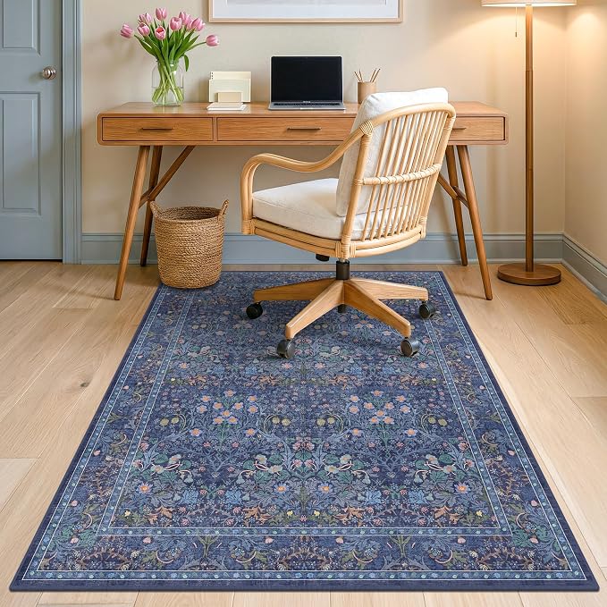 36"x48" Boho Dark Blue Office Desk Chair Mat for Hardwood Floor, Under Desk Rug with Non-Slip Rubber Backing, Small Computer Chair Rug for Heavy Duty Office Chair, Machine Washable (3x4 Navy Blue)