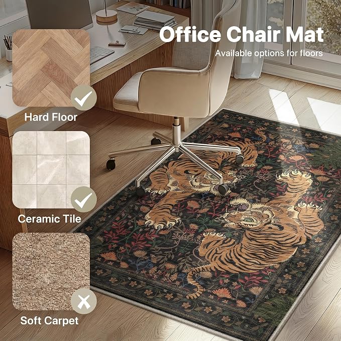 48"x60" Office Chair Mat for Hardwood Tile Floor, Under Desk Carpet Protector for Rolling Computer Chair Mat, Machine Washable Area Rug, Anti-Slip 1/5" Thick Low Pile Thin Floor Mat, Midnight Green