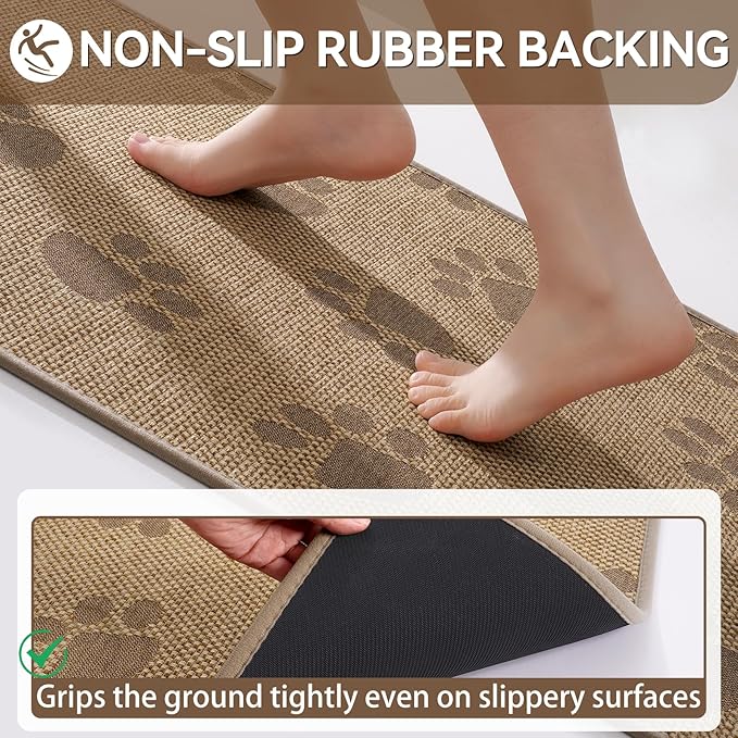 YDKGL Kitchen Mats for Floor, Super Absorbent Kitchen Rugs Non Slip Washable, Rubber Backing Soft Woven Linen Embroidery Runner Rug, Standing Mat Kitchen Sink Mat, Easy to Clean, Brown 17x30