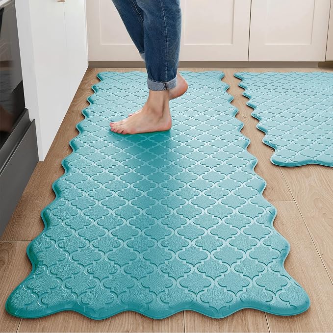 Arenarug Upgrade Scalloped Embossed Kitchen Mats for Floor 2PCS Cushioned Anti Fatigue Waterproof Foam Kitchen Rugs Non Slip Washable Comfort Standing Mat for Sink Laundry, 17.3"x30"+17.3"x47", Blue