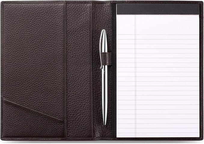 HISCOW Slim Leather Junior Padfolio, 5x8 Notepad Cover, Pebbled Coffee | Full-grain tumbled cowhide, top-loading legal pad holder, rigid pen loop, quick-access card slot, zipperless boardroom design