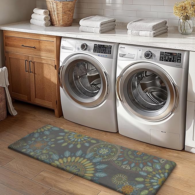 GENIMO Anti Fatigue Kitchen Mats for Floor 2PCS, Cushioned Standing Mats | 17.3"x47"&17.3"x30", Olive Green vintage floral rug set, waterproof, non slip, easy-clean for farmhouse
