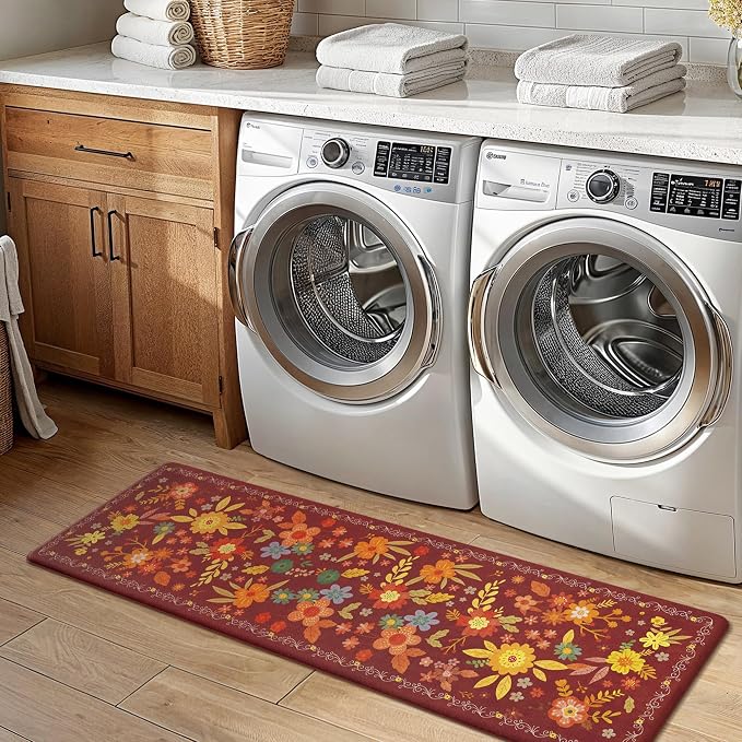 GENIMO Anti Fatigue Kitchen Mats for Floor 2PCS, Cushioned Standing Mats | 17.3"x59"&17.3"x30", Red vintage floral rug set, waterproof, non slip, easy-clean for farmhouse