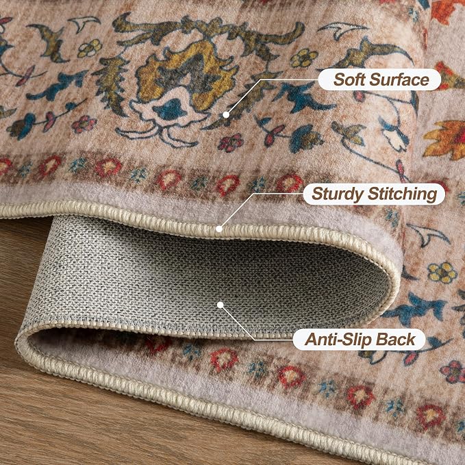 Tangsoo 2.6x8 Washable Runner Rug for Hallways, Non Slip Vintage Runner Rug, Soft Low Pile Long Rug Runner, Print Carpet Runners for Kitchen Bedroom Entryway Bathroom Living Room Beige/Blue