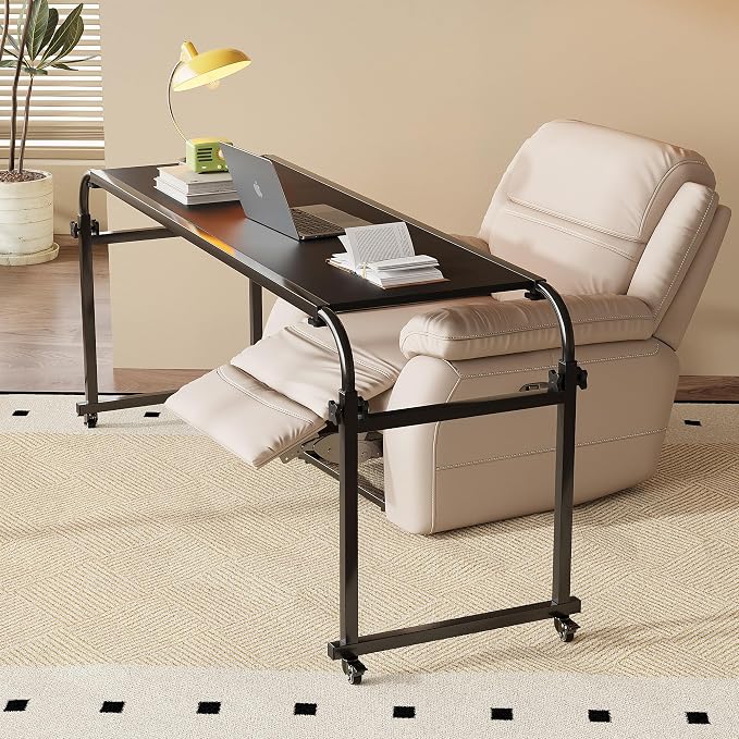 TigerDad Heavy Duty Overbed Table with Wheels, 55"-83" Adjustable Cross Bed Desk for King Queen Size, Mobile Rolling Laptop Cart for Home Office & Hospital Bed