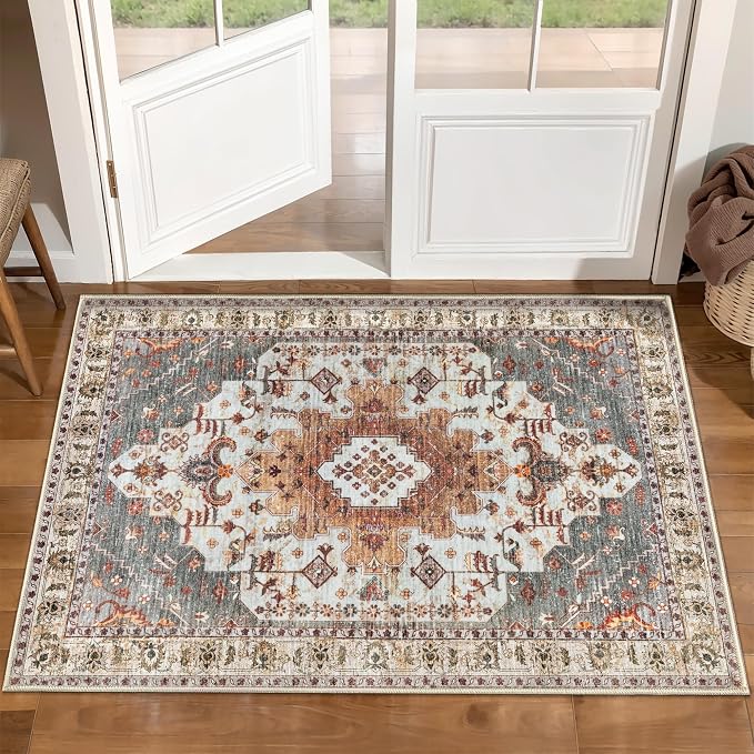 Tangsoo Vintage Rug 2x3 Washable for Entryway, Non Slip Small Area Rug, Indoor Front Door, Print Distressed Turmeric Door Mat Carpet, Soft Low Pile Rugs for Entrance Kitchen Bedroom Bathroom