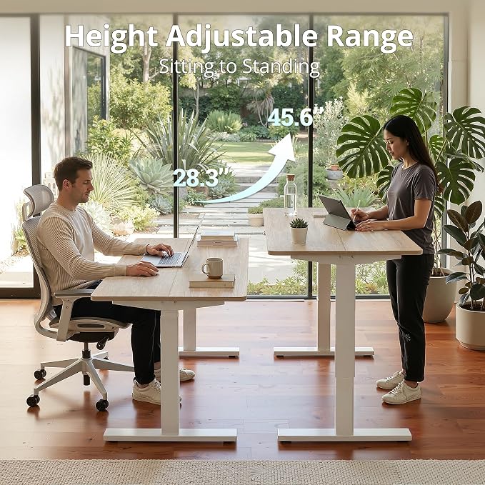 TIQLAB Electric Height Adjustable Standing Desk 47.2×23.6 inch, Sit Stand Desk for Work, Study, Memory Controller, White Frame & Maple Top Computer Workstation for Home Office