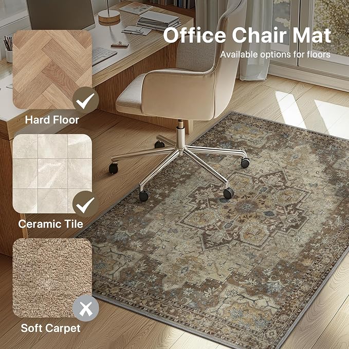 36"x60" Office Chair Mat for Hardwood Tile Floor, Under Desk Carpet Protector for Rolling Computer Chair Mat, Machine Washable Area Rug, Anti-Slip 1/5" Thick Low Pile Thin Vinyl Floor Mat, Brown