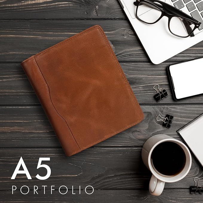 ELIZO Leather A5 Portfolio Padfolio Folio A5 Notebook Journal Cover Planner Binder Small Mens Business Work Folder Organizer (Tan)