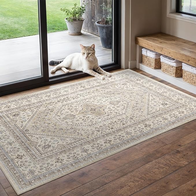 Washable 3x5 Area Rug for Entryway - Bedroom Rugs with Non Slip Rubber Backing for Kitchen Bathroom Indoor Soft Stain Resistant Carpet Rug for Pet Feeding Area and Distressed Floor Decor Beige/Gray