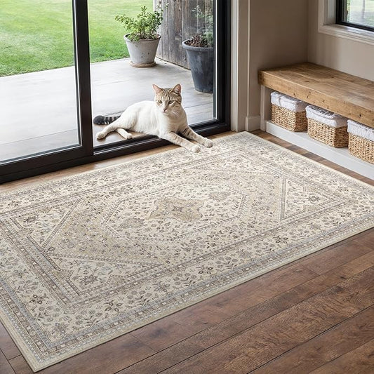 Washable 3x5 Area Rug for Entryway - Bedroom Rugs with Non Slip Rubber Backing for Kitchen Bathroom Indoor Soft Stain Resistant Carpet Rug for Pet Feeding Area and Distressed Floor Decor Beige/Gray