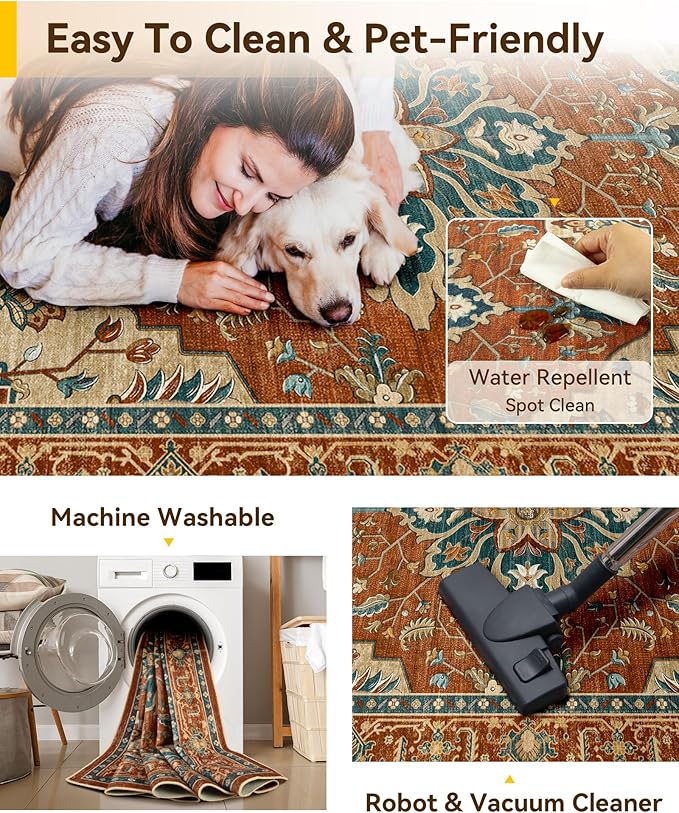RELEANY Area Rugs Small 2'x3' Washable Non-Slip, Floral Vintage Distress Medallion Carpet for Kitchen Entryway Bathroom, Red Orange Blue Brown