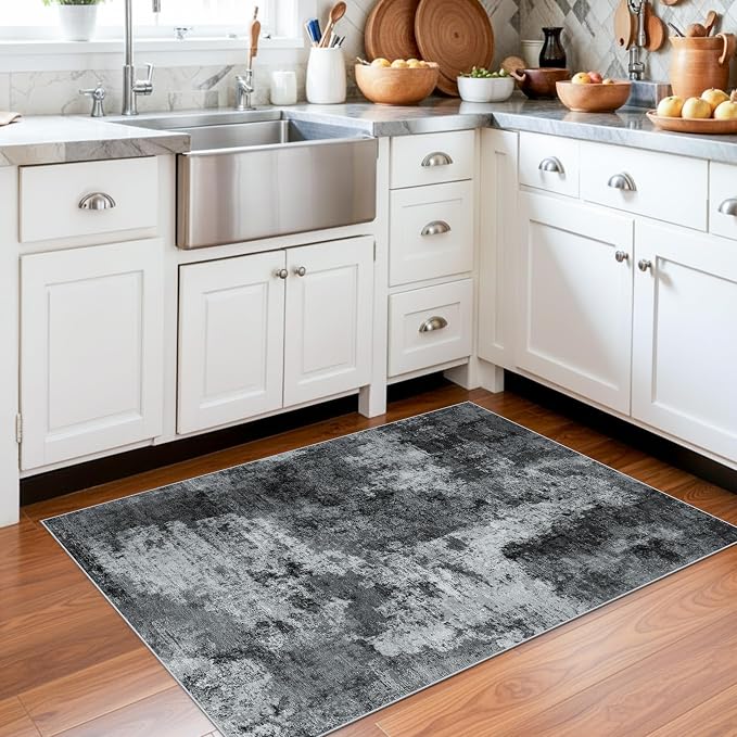 2x3 Rugs for Entryway Washable Abstract: Small Kitchen Rug Modern Non-Slip Front Door Mat for Bathroom Sink Bedroom – Soft Low Pile Thin Indoor Throw Carpet for Neutral Home Decor (2X3 Black-Grey)