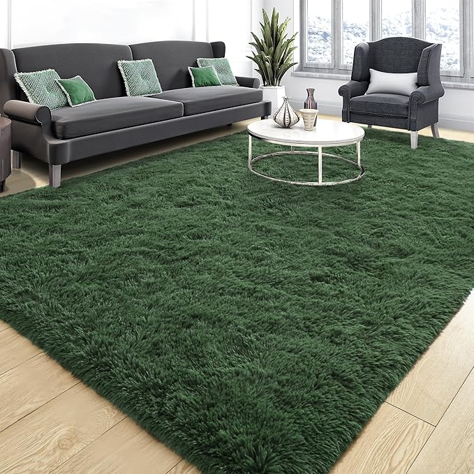Tepook Fluffy Dark Green Rugs for Living Room Bedroom, 6x9 Soft Area Rug Forest Hunter Green Kids Girls Boys Rug, Indoor Plush Shaggy Non-Slip Carpet for Nursery Classroom Dorm Home Decor