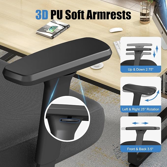 Ergonomic Office Chair with Adjustable Lumbar Support, 3D Arms and Headrest, High Back Wide Desk Computer Chair with Wheels, for Home & Office, Black