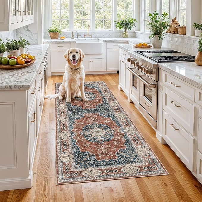 3x6 Washable Hallway Runner Rug:Oriental Indoor Kitchen Rugs Vintage Door Mat Non Slip with Rubber Backing Low Pile Thin Carpet for Bedroom Bathroom Living Room Bedside (3x6 Brick/Blue)