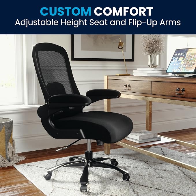 Flash Furniture Big & Tall Mesh Swivel Office Chair, Black | Mesh Back, Lumbar and Back Support, Flip-Up Arms