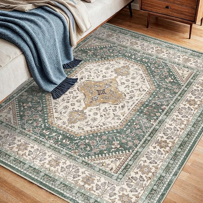 4X4 Square Rug for Living Room - Washable Kitchen Area Rug with Non Slip Rubber Backing for Bedroom Indoor Soft Stain Resistant Carpet Desk Rug for Pet-Friendly and Kitchen Decor Green/Beige