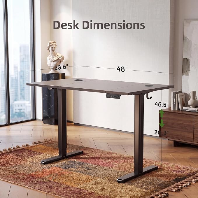 Claiks Electric Standing Desk 48x24 Inch Adjustable Desk, Black | 156lbs weight capacity, 3 memory presets, industrial steel frame, cable management hub, adjustable height , easy assembly