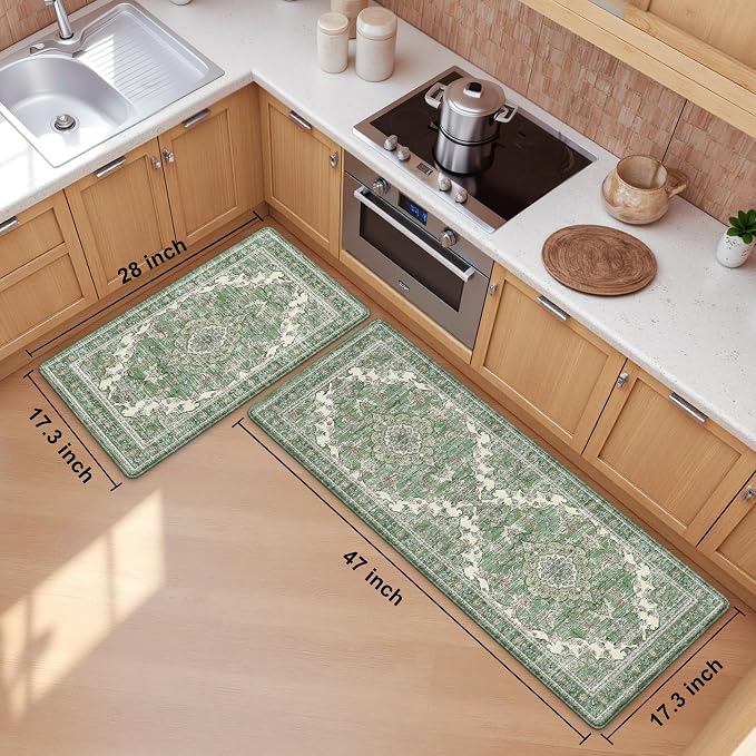 Boho Kitchen Mats for Floor 2 Piece Set Anti Fatigue Cushioned PVC Kitchen Rugs Non Slip Waterproof Farmhouse Mats 2/5 Inch Comfort Standing Mat for Sink, Laundry, 17.3"x47"+17.3"x28", Spring Green