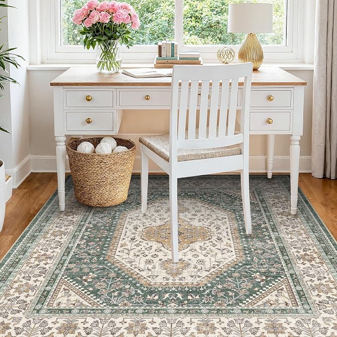 5X5 Square Rug for Living Room - Washable Kitchen Area Rug with Non Slip Rubber Backing for Bedroom Indoor Soft Stain Resistant Carpet Desk Rug for Pet-Friendly and Kitchen Decor Green/Beige
