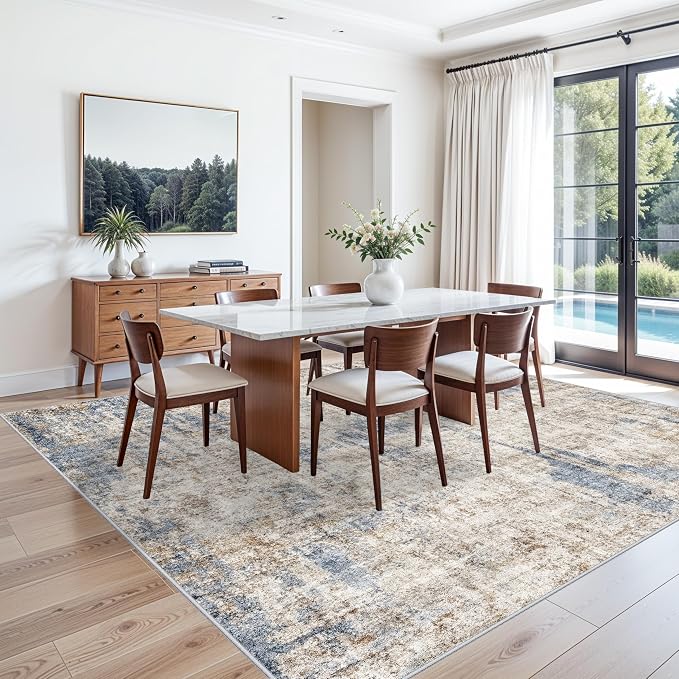 8x8 Square Area Rug Living Room – Non-Slip Washable Large Floor Carpet for Bedroom Dining Room Playroom Room – Modern Abstract Neutral Thin Low-Pile Big Indoor Rug (Blue Brown)