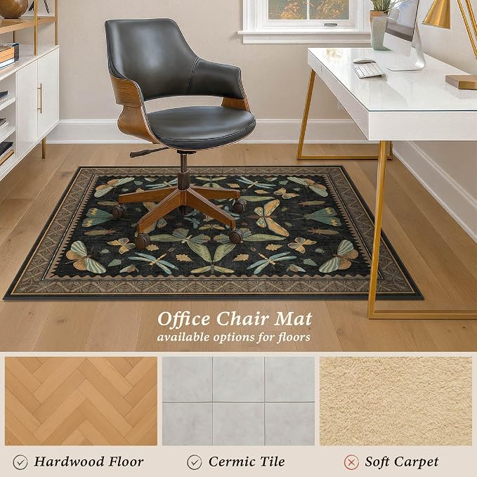 3'x4' Black Office Chair Mat for Hardwood Floors, Insect Boho Design,Non-Slip Low Pile Desk Rug, 36"x48" Small Area Rug for Computer Desk Home Office, Machine Washable WFH Essential for Dorm Room