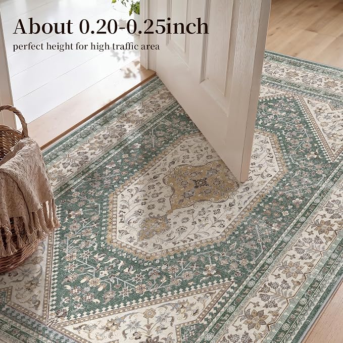 Washable 3x5 Area Rug for Entryway - Bedroom Rugs with Non Slip Rubber Backing for Kitchen Bathroom Indoor Soft Stain Resistant Carpet Rug for Pet Feeding Area and Distressed Floor Decor Green/Beige